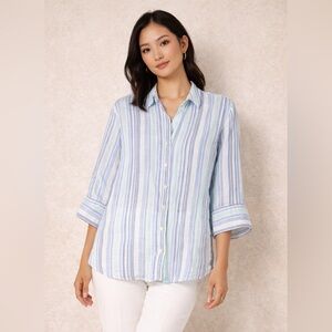 Chico’s Linen Striped Button Down Top Blue Green Size 3 Spring Summer Resortwear